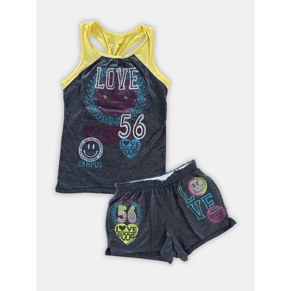 One Step Up Girls 2pc Tank Top Shorts Set Gray Yellow Varsity Love Size 14/16